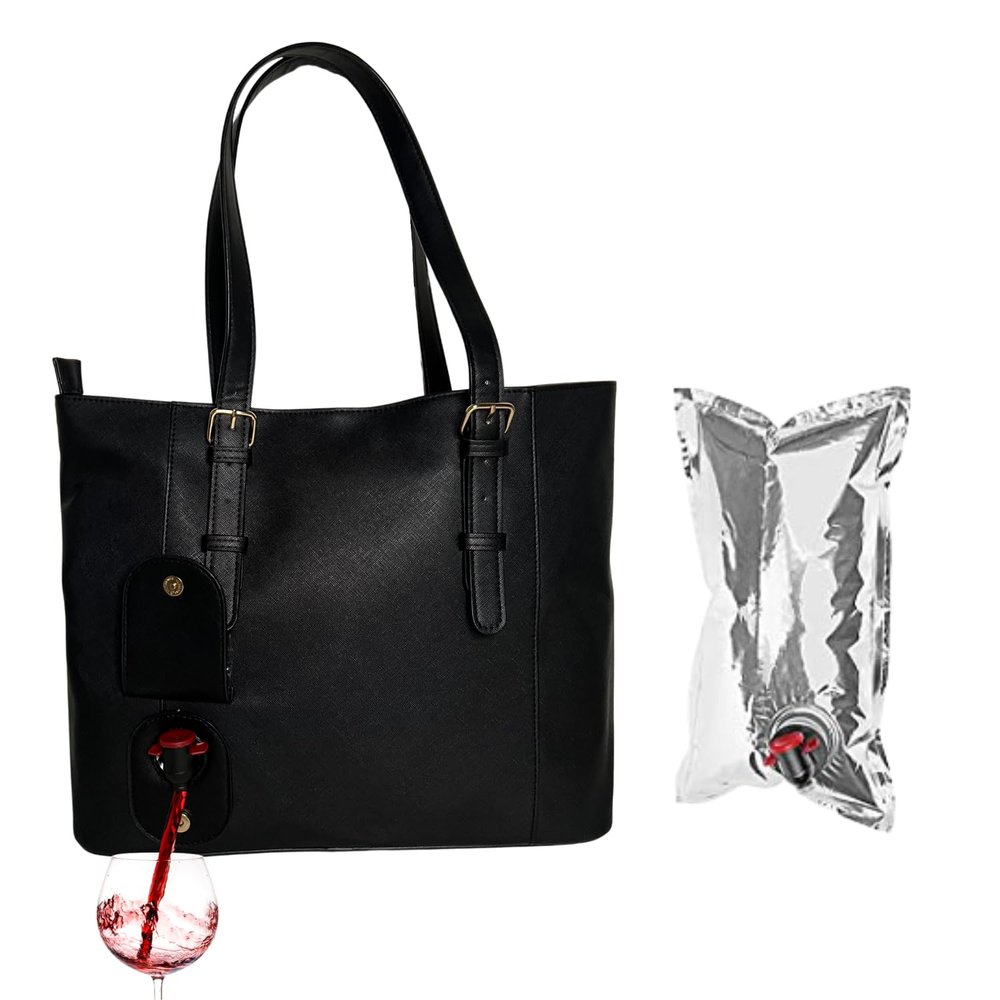 Sip and Shimmer Wine Purse  Womens Tote Bag with Beverage Compartment  Vegan Leather Black Tote Bag Purse  Inculdes Insulated 1.5L Wine Bag  Christmas Gift for Mom, Girlfriend, Wife