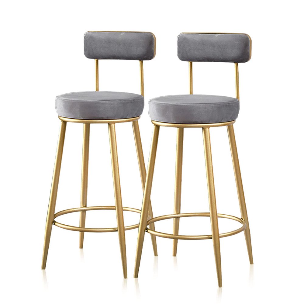 Kitchen Breakfast Bar Stools, Counter Height High Stools with Back Footrest, Modern Velvet Padded BarStool 25in Sitting height-Grey