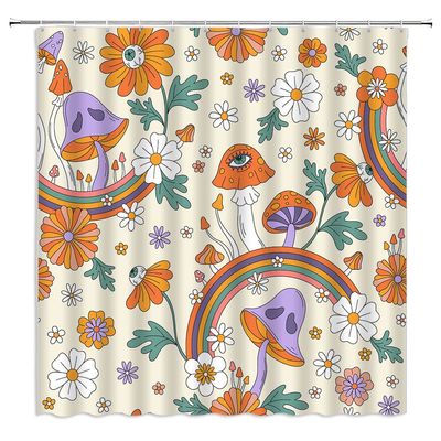 ABONAN 70s Retro Boho Floral Shower Curtain Mushroom Funky Mushrooms Flowers and Eyes Hippie Abstract Plant Vintage Yellow Orange Fabric Bathroom Curtains Decor Set with Hook(67" Wx70 H)