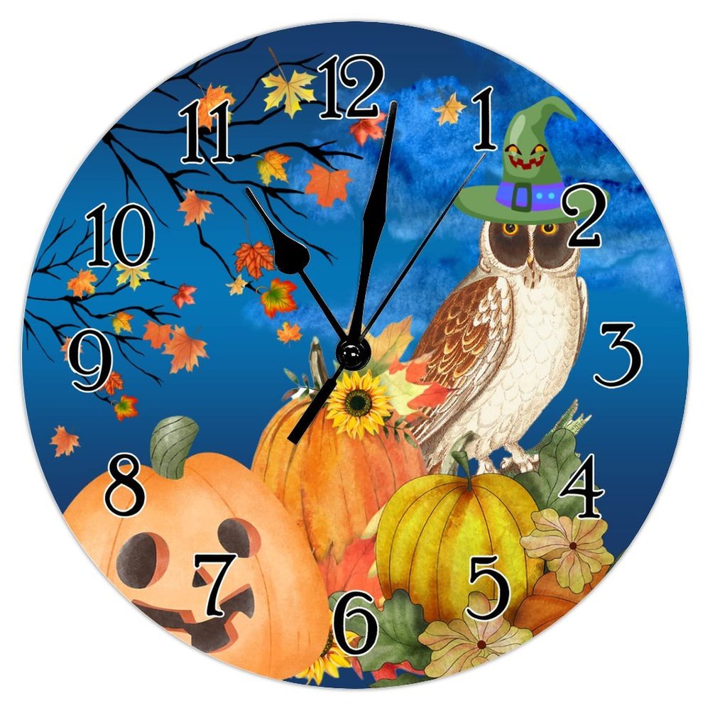 Halloween Scary Pumpkin Funny Witch Owl Hanging Wall Clock Haunt House Halloween Night Wall Clocks Battery Operated Home Decorative Clocks Farmhouse 15inch Round Clock for Kitchen Bedroom Office