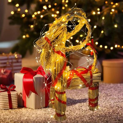 11.8" Lighted Christmas Straw Goat Home Decor Swedish Scandinavian Yule Style Decorative Handmade Ornaments with LED Light for Indoor Christmas Home Kitchen Bedroom Decor