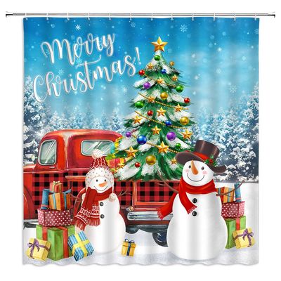 ABONAN Merry Christmas Shower Curtain Snowman Santa Claus Red Truck Xmas Tree Gift Holiday Winter Forest Fabric Bathroom Curtains Decor Set with Hook(67" Wx70 H)