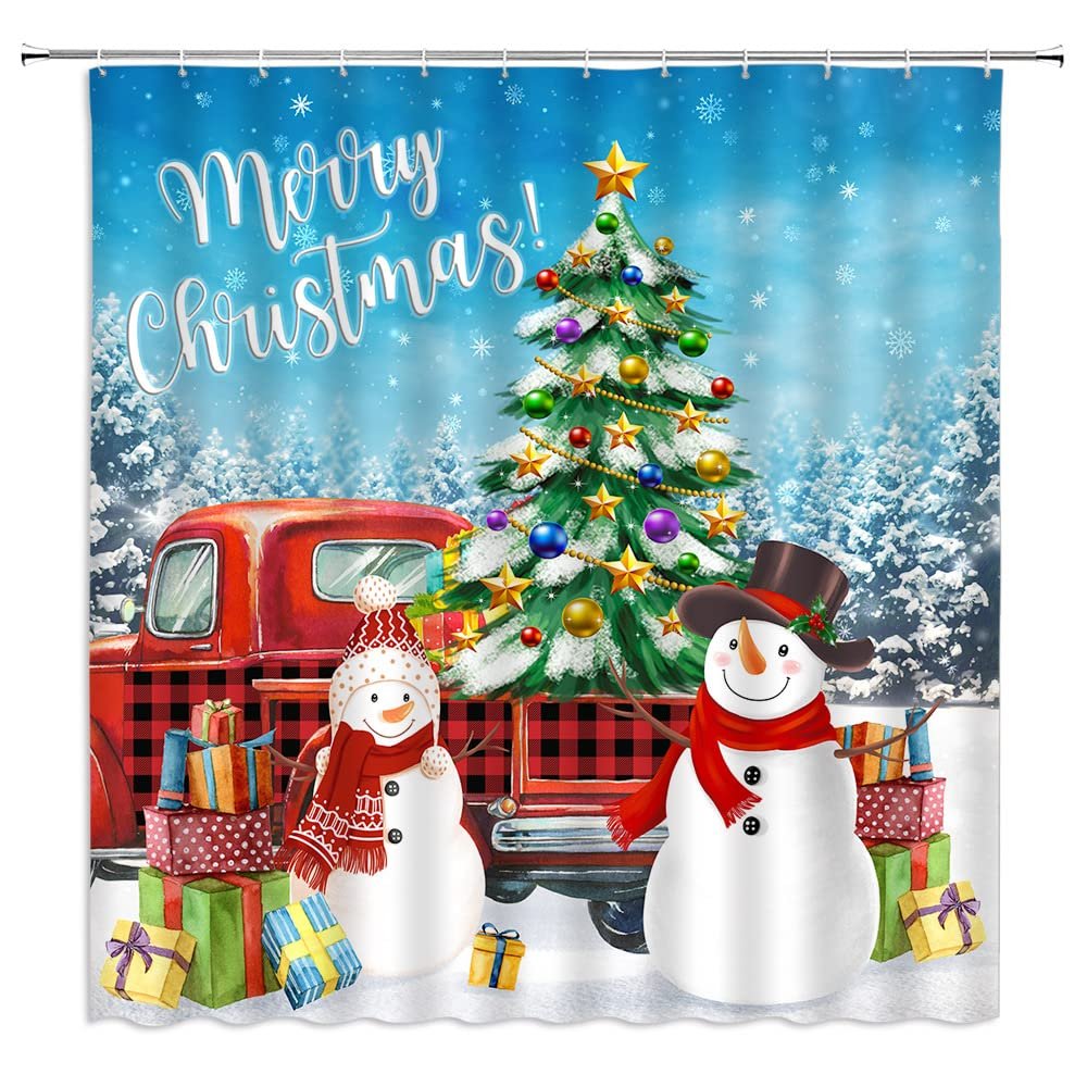 ABONAN Merry Christmas Shower Curtain Snowman Santa Claus Red Truck Xmas Tree Gift Holiday Winter Forest Fabric Bathroom Curtains Decor Set with Hook(67" Wx70 H)