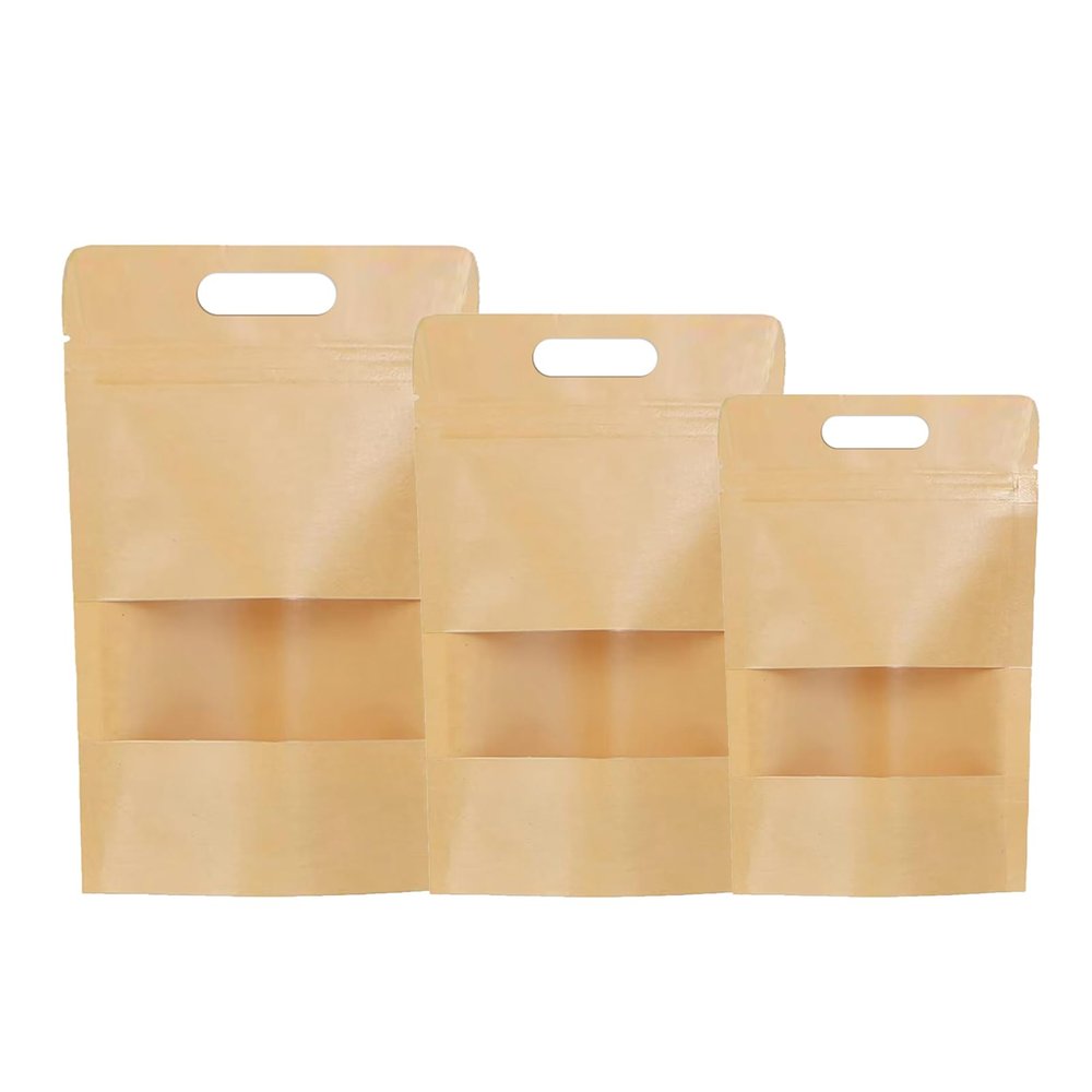 Muka 100 PCS Heat Sealable Stand Up Pouch Bags w/Handle Reusable Food Pouches Bags, 7" W x 10.8" H x 2.4" D, 7 mil