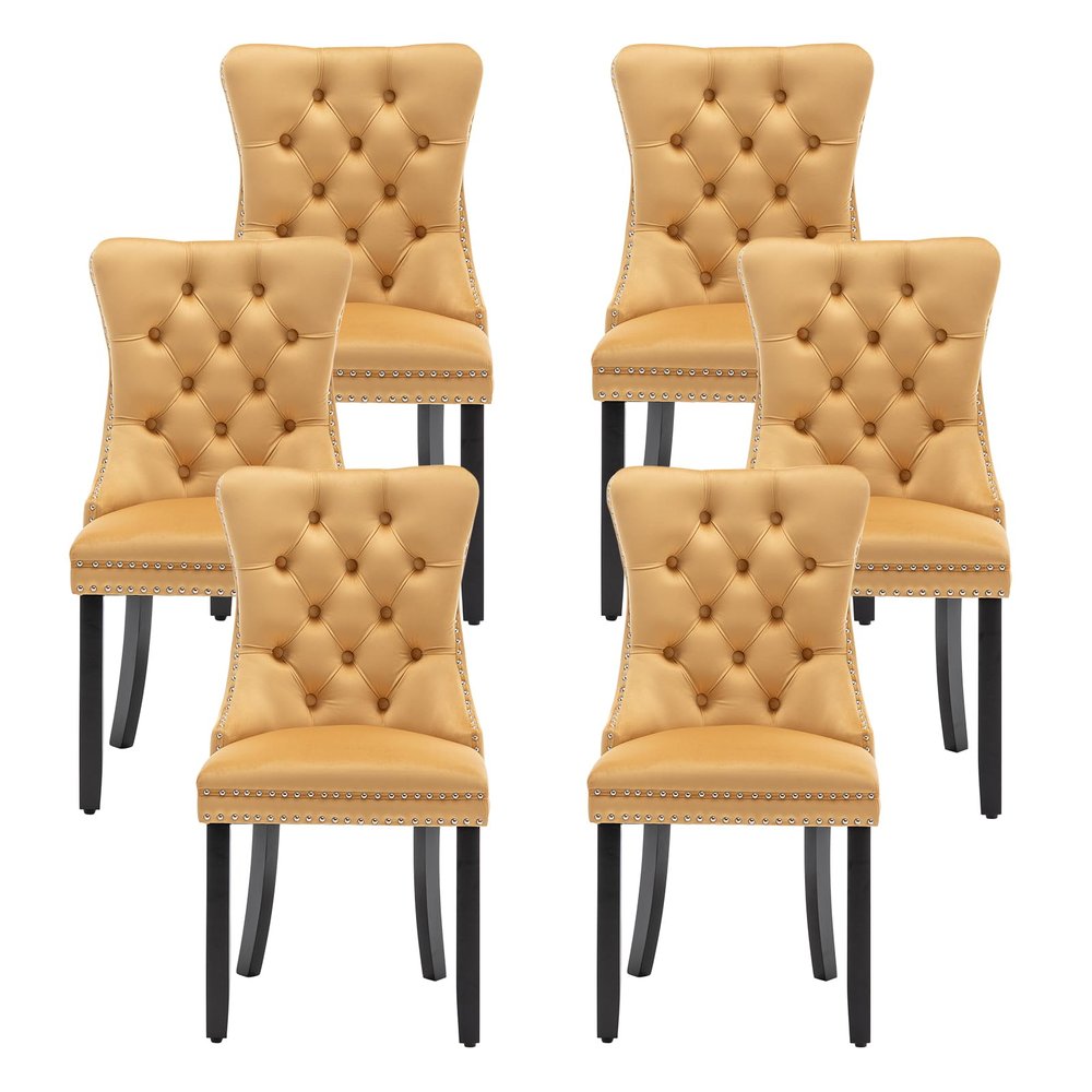 Kiztir Velvet Dining Chairs Set of 6, Upholstered Dining Room Chairs with Ring Pull Trim and Button Back, Luxury Tufted Dining Chairs for Living Room, Bedroom, Kitchen (Gold)