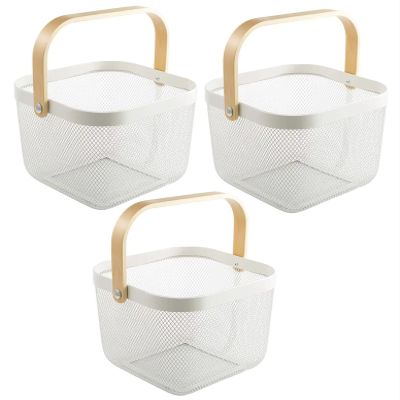 AJIODA 3 Pack Metal Mesh Steel Basket, Storage Organizer Basket Multi-function Hanging Kitchen Baskets Fruit Basket Bin with Wood Handle for Kitchen Bathroom Picnic Cabinet Home Decor, 3PCS-White