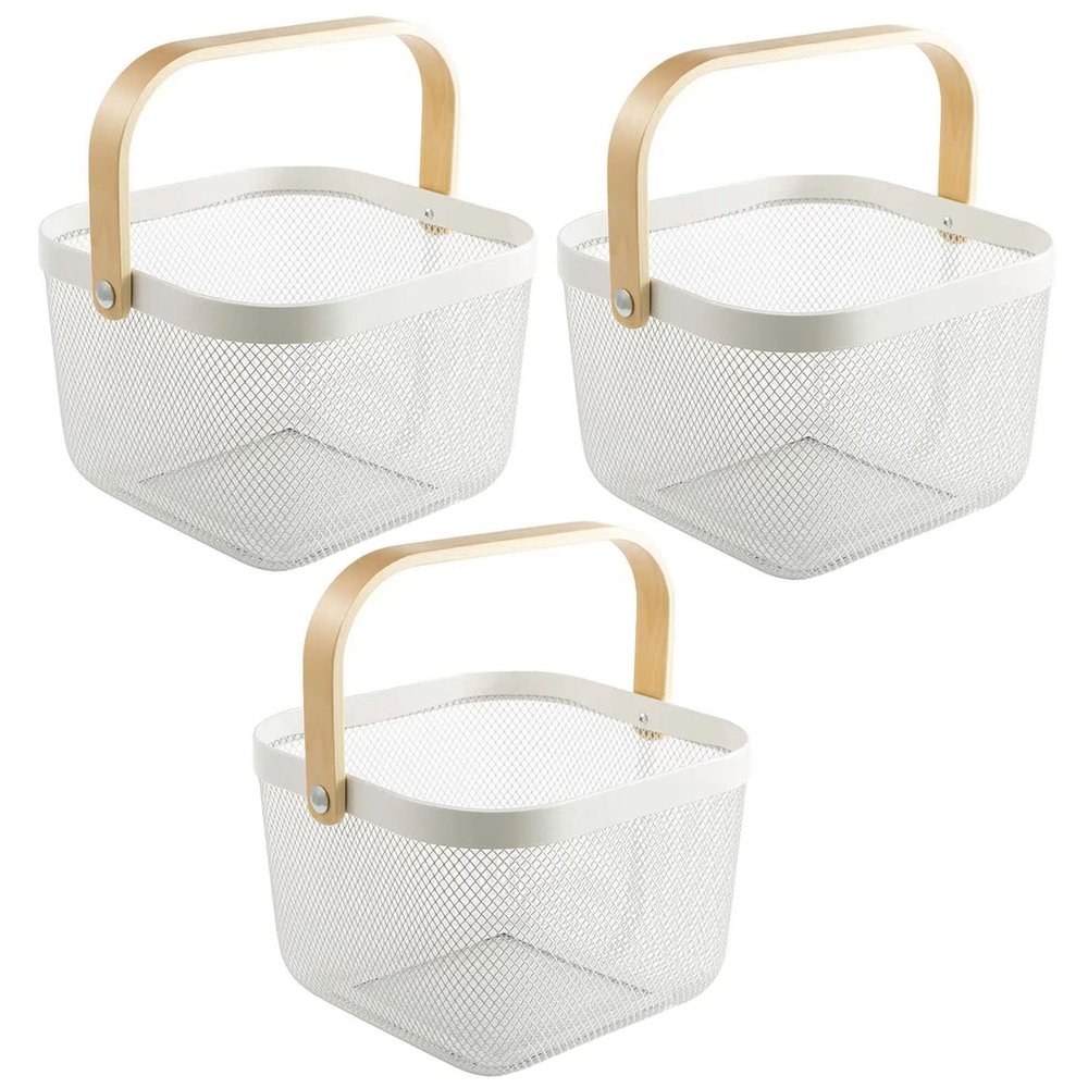 AJIODA 3 Pack Metal Mesh Steel Basket, Storage Organizer Basket Multi-function Hanging Kitchen Baskets Fruit Basket Bin with Wood Handle for Kitchen Bathroom Picnic Cabinet Home Decor, 3PCS-White