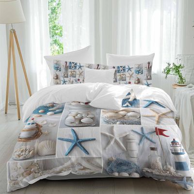 Beach Queen Duvet Cover Set,Washed Soft Microfiber Bed Comforter Duvet+Cover Sets with Ties/Zipper,Summer Sailboat Lighthouse Seastar Patchwork Bedding Quilt Duvet Covers with 2 Pillow Cases for Girls