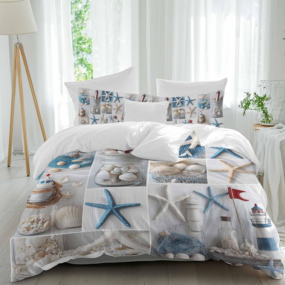 Beach Queen Duvet Cover Set,Washed Soft Microfiber Bed Comforter Duvet+Cover Sets with Ties/Zipper,Summer Sailboat Lighthouse Seastar Patchwork Bedding Quilt Duvet Covers with 2 Pillow Cases for Girls