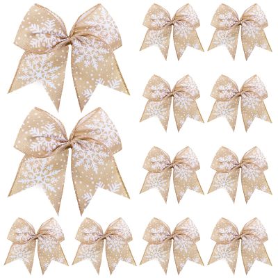 Panelee 12 Pieces Burlap Bow Christmas Wreath Bow 6 x 6 Inch Burlap Bow Knot Snowflake Burlap Bow Christmas Tree Ornaments Craft Bows for Rustic Farmhouse Xmas Birthday Party (Yellow, Snowflake)