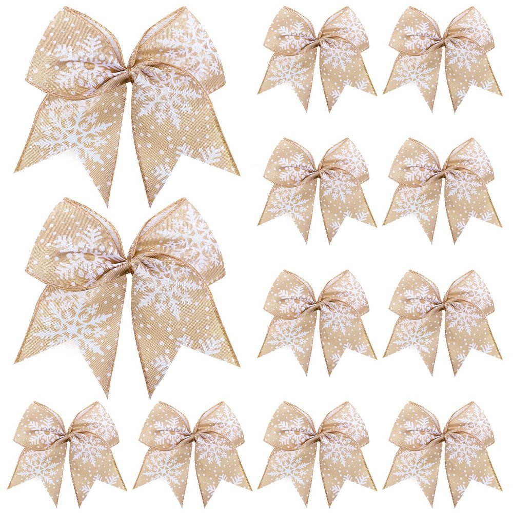 Panelee 12 Pieces Burlap Bow Christmas Wreath Bow 6 x 6 Inch Burlap Bow Knot Snowflake Burlap Bow Christmas Tree Ornaments Craft Bows for Rustic Farmhouse Xmas Birthday Party (Yellow, Snowflake)