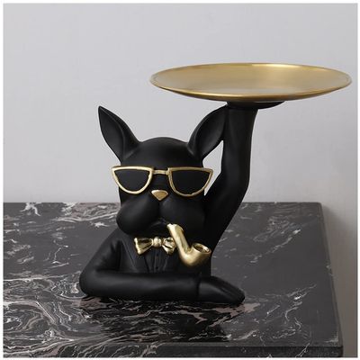 Creative Key Tray for Entryway Table, Modern Decorative Tray Dog Key Candy Jewelry Organizer Tray Ornaments Gold Rim Glasses and Trays Key Bowl for Office Decoration (Color : Black)
