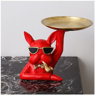Creative Key Tray for Entryway Table, Modern Decorative Tray Dog Key Candy Jewelry Organizer Tray Ornaments Gold Rim Glasses and Trays Key Bowl for Office Decoration (Color : Red)