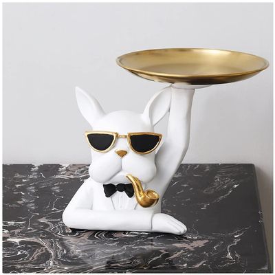 Creative Key Tray for Entryway Table, Modern Decorative Tray Dog Key Candy Jewelry Organizer Tray Ornaments Gold Rim Glasses and Trays Key Bowl for Office Decoration (Color : White)