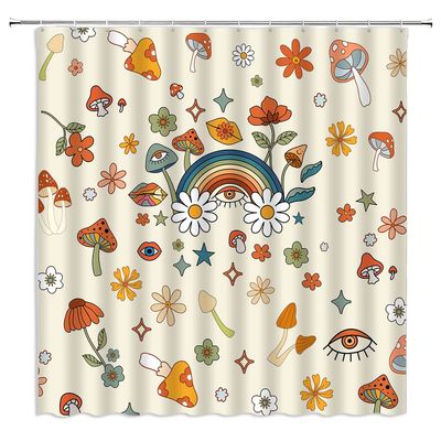 ABONAN 70s Retro Boho Floral Shower Curtain Mushroom Funky Mushrooms Flowers and Eyes Hippie Abstract Plant Vintage Yellow Orange Fabric Bathroom Curtains Decor Set with Hook(67" Wx70 H)