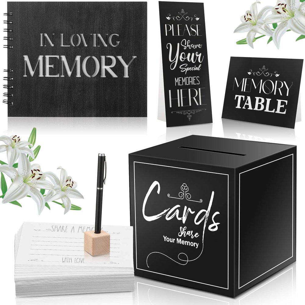 Fumete Wooden Funeral Guest Sign Book Set for Memorial Service Celebration of Life Table Sign Funeral Pen and Pen Holder Share a Memory Wooden Box with 60 Card for Guests(Black)