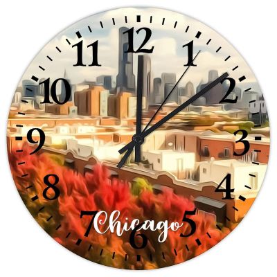 Chicago City Scene Clocks 15 Inch, Landscape Artwork Modern Office Decor for Men Non Ticking Round Arabic Numbers Clock for Home Living Room Office Decoration