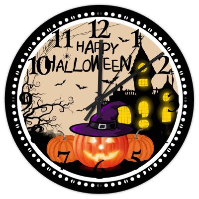 Happy Halloween Pumpkin Hunted House Wooden Wall Clock 15 Inch, Halloween Jack-o-Lantern Wearing Witch Hat Living Room Clock Battery Operated Silent Round Arabic Numeral Clock for Kitchen Dining Room