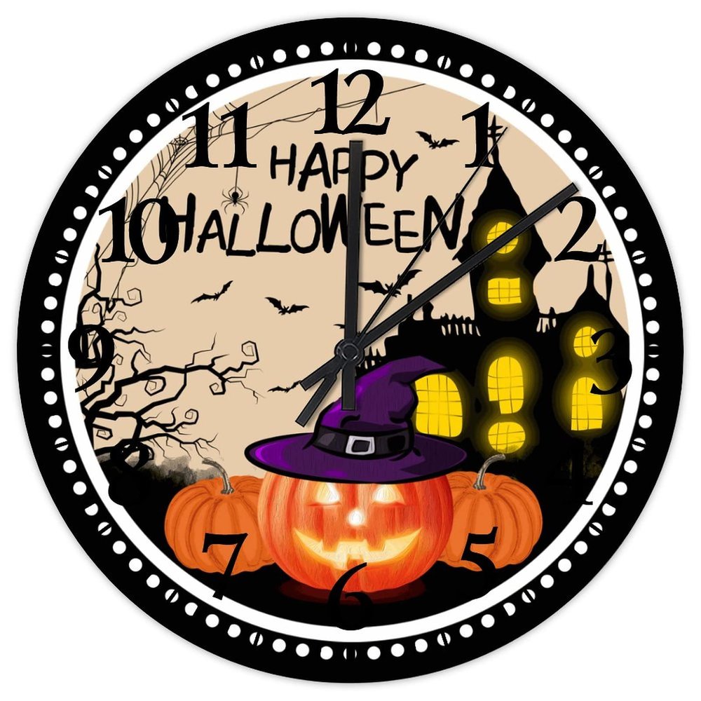 Happy Halloween Pumpkin Hunted House Wooden Wall Clock 15 Inch, Halloween Jack-o-Lantern Wearing Witch Hat Living Room Clock Battery Operated Silent Round Arabic Numeral Clock for Kitchen Dining Room
