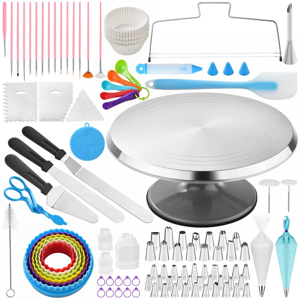 300 PCS Cake Decorating Kit, Cake Decoration Supplies, Baking Accessories Tools Set, Cake Turntable Stand Frosting Piping Bags Icing Tips Nozzles Spatulas Smoothers Cookie Cutters Cupcake Muffin Cups