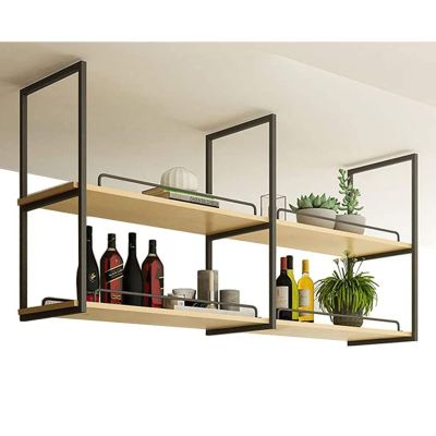 Hanging Ceiling Shelf, Nordic Iron Solid Wood 2 Tier Modern Floating Shelves, Wine Bottle Plants Display Shelf, for Display Books, Red Wine, Storage & Decor Hanging Shelf, 4 Sizes