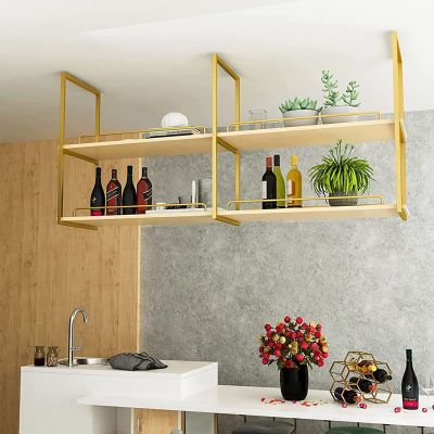 Ceiling Shelf, Nordic Iron Solid Wood 2 Tier Ceiling Mounted Storage Rack, Hanging Shelf with Guardrail, Bar Ceiling Hanging Decorative Storage Rack (Size : 140 * 30 * 80cm)