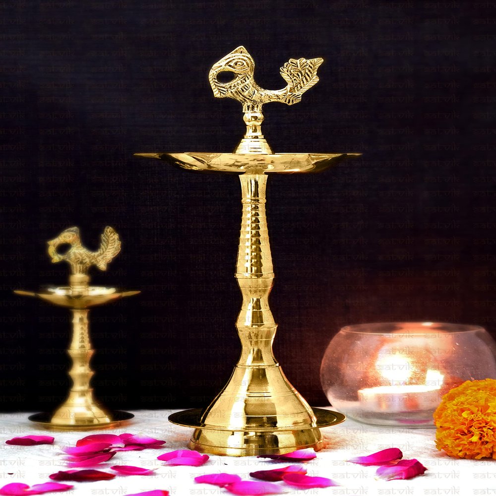 SATVIK 11.5 Inch 2 Pc Pure Brass Peacock Kerala Samai Puja Diya Traditional Brass Kutthu Vilakku Oil Lamp Pooja 1 Step Diya Engraved Design Adjustable Deepak Pooja Indian Housewarming Return Gift