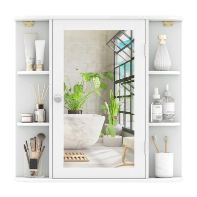 COSTWAY Medicine Cabinet with Mirror, Wall Mounted Bathroom Storage Cabinet with Mirror Door and Adjustable Shelves, Space-Saving Storage Organizer for Living Room Kitchen Entryway (White)