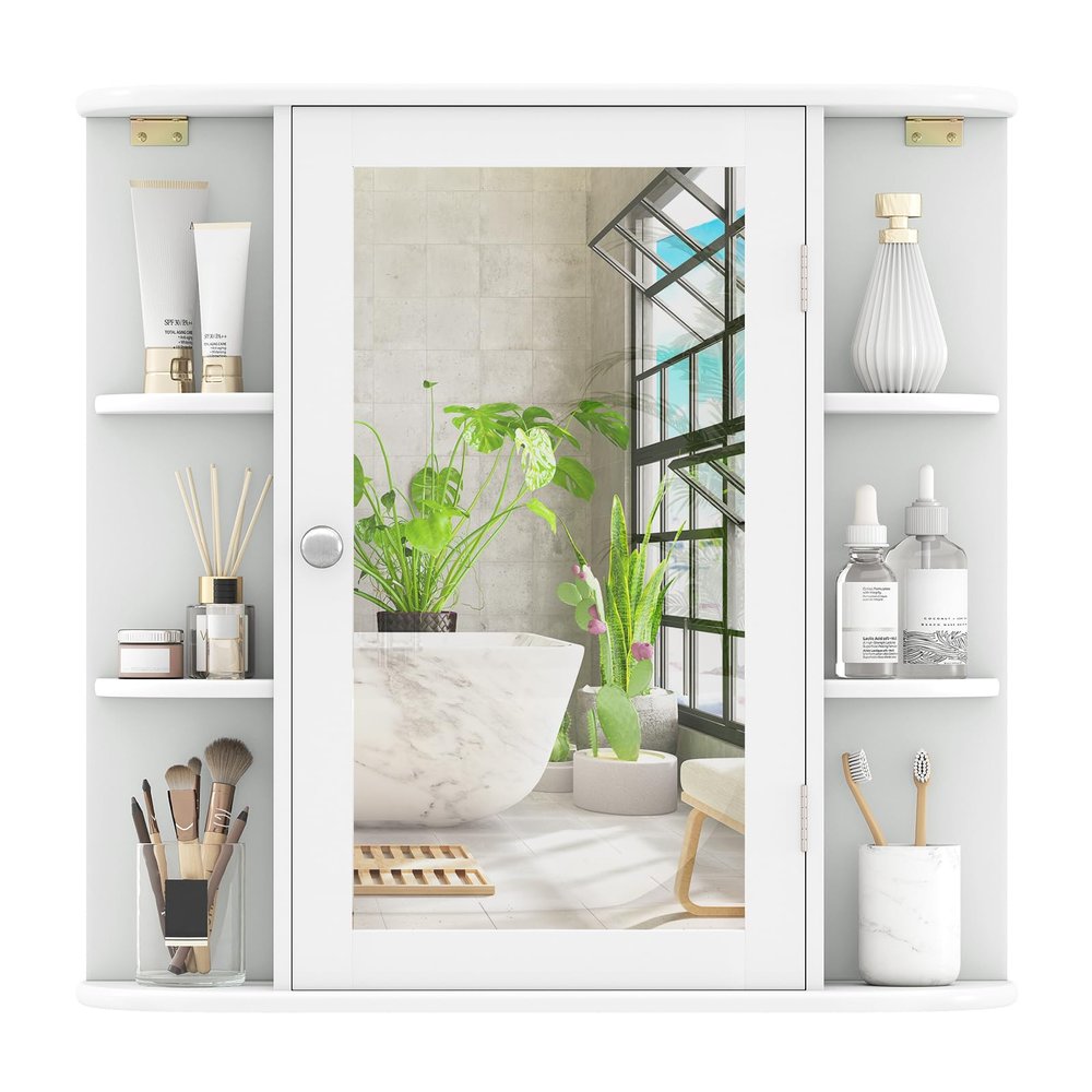 COSTWAY Medicine Cabinet with Mirror, Wall Mounted Bathroom Storage Cabinet with Mirror Door and Adjustable Shelves, Space-Saving Storage Organizer for Living Room Kitchen Entryway (White)