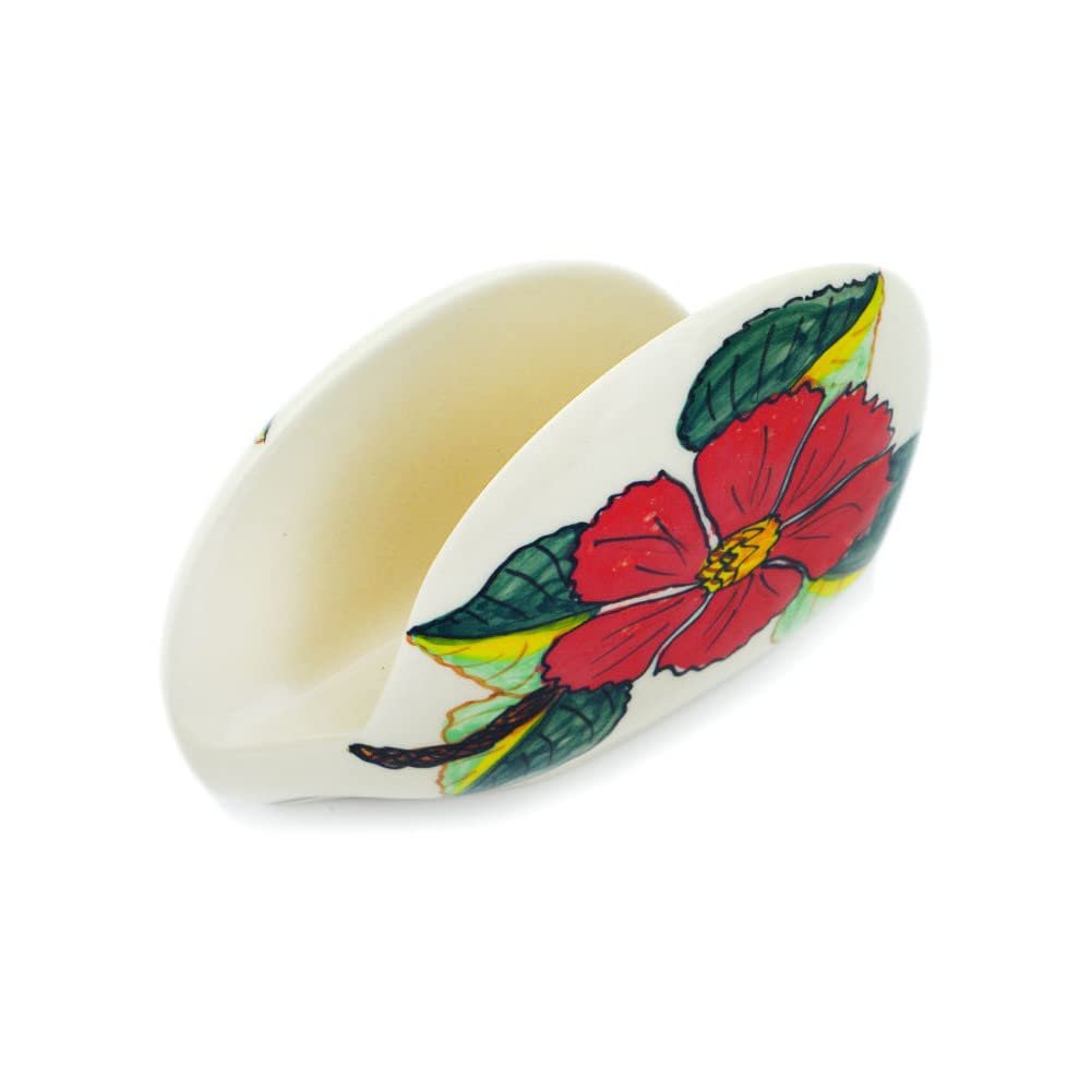 Polmedia Polish Pottery Napkin Holder UNIKAT - Poinsettia Paradise Pattern Handmade in Boleslawiec Poland + Certificate of Authenticity