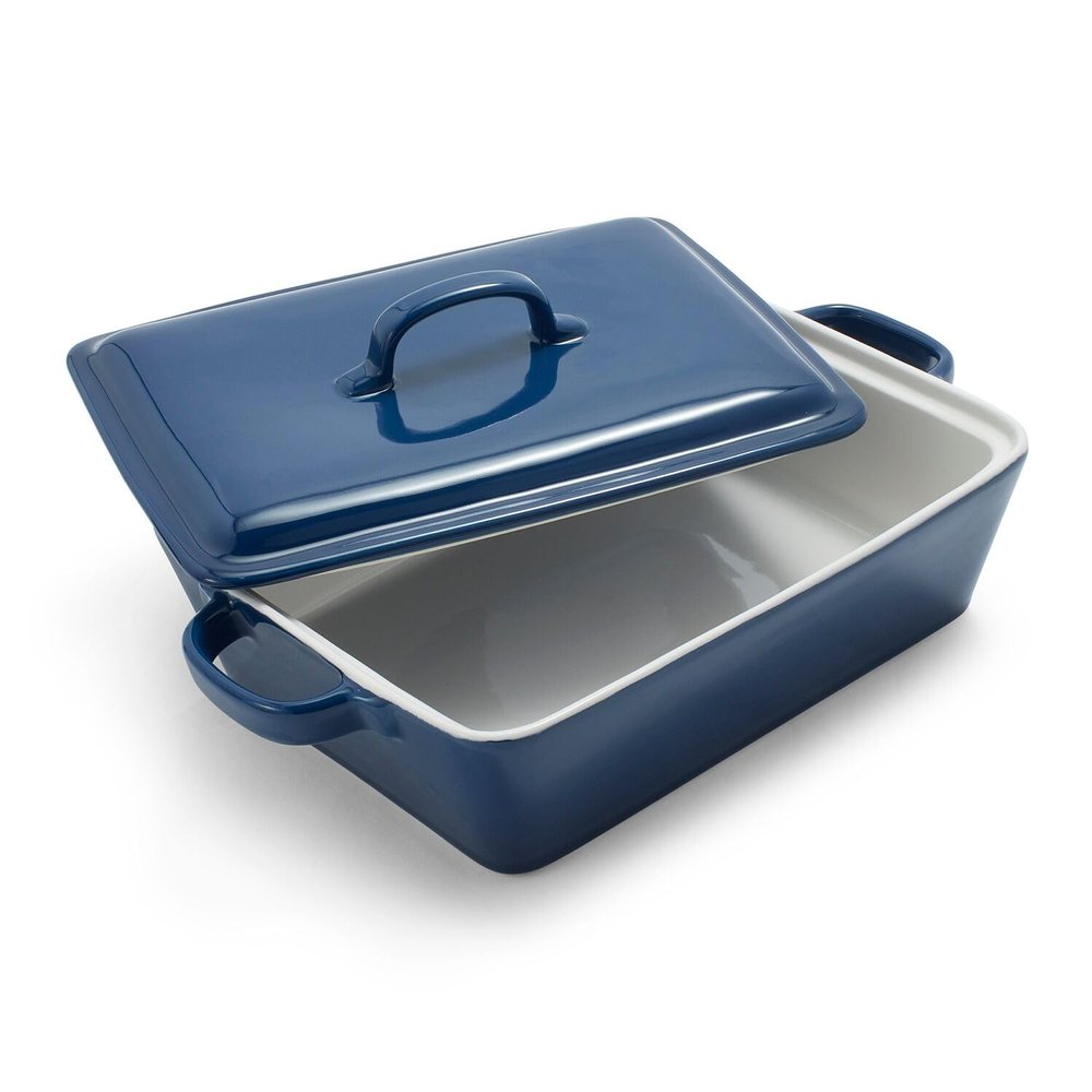 Sur La Table Rectangular Stoneware Casserole with Lid, 4 qt, Blue