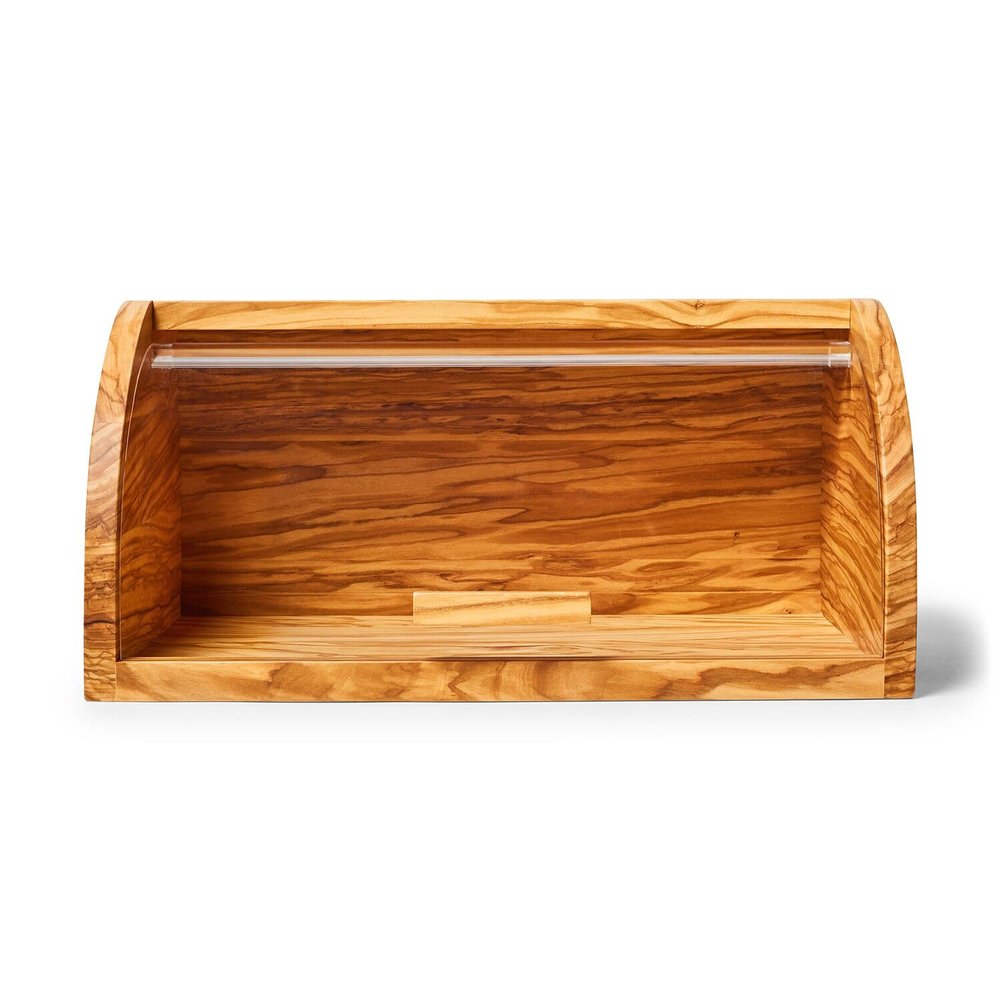 Sur La Table Olivewood Bread Box 14.2" Countertop Bread Storage with Clear Lid & Handle, Crafted from Natural Hardwood with Unique Grain, Keeps Baked Goods Fresher Longer