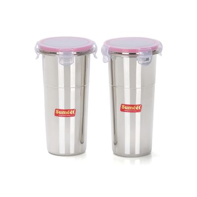 Sumeet Stainless Steel Airtight, Leak Proof, Freezer Safe and Dust Proof Big Glass/Tumbler with Lid Set of 2, Capacity - 600ML, Dia - 9cm (Each)