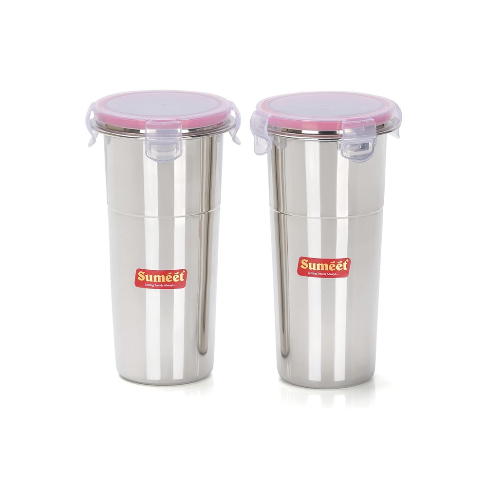 Sumeet Stainless Steel Airtight, Leak Proof, Freezer Safe and Dust Proof Big Glass/Tumbler with Lid Set of 2, Capacity - 600ML, Dia - 9cm (Each)