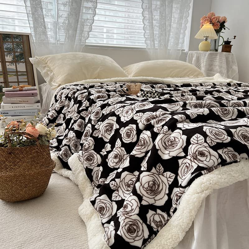 Aesthetic Floral Fleece Thick Warm Blanket for Winter, Cozy Luxury Plush Bed Blankets, Warm and Cozy Fuzzy Blanket (Black Rose,80x90)