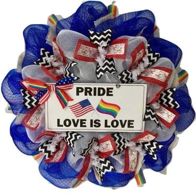 Pride Wreath Love is Love Handmade Deco Mesh. Available in 24 inch and 28 inch diameters.