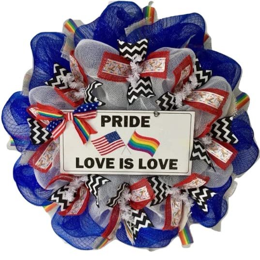 Pride Wreath Love is Love Handmade Deco Mesh. Available in 24 inch and 28 inch diameters.