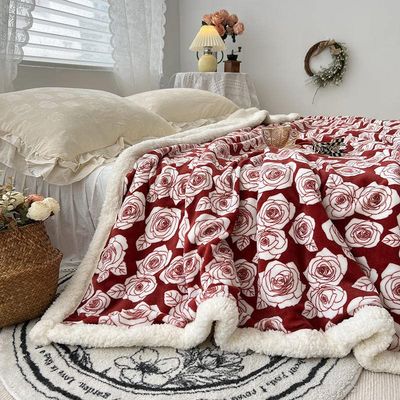 Aesthetic Floral Fleece Thick Warm Blanket for Winter, Cozy Luxury Plush Bed Blankets, Warm and Cozy Fuzzy Blanket (Red Rose,80x90)