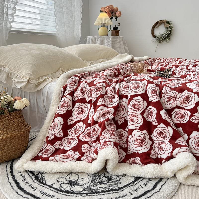 Aesthetic Floral Fleece Thick Warm Blanket for Winter, Cozy Luxury Plush Bed Blankets, Warm and Cozy Fuzzy Blanket (Red Rose,80x90)