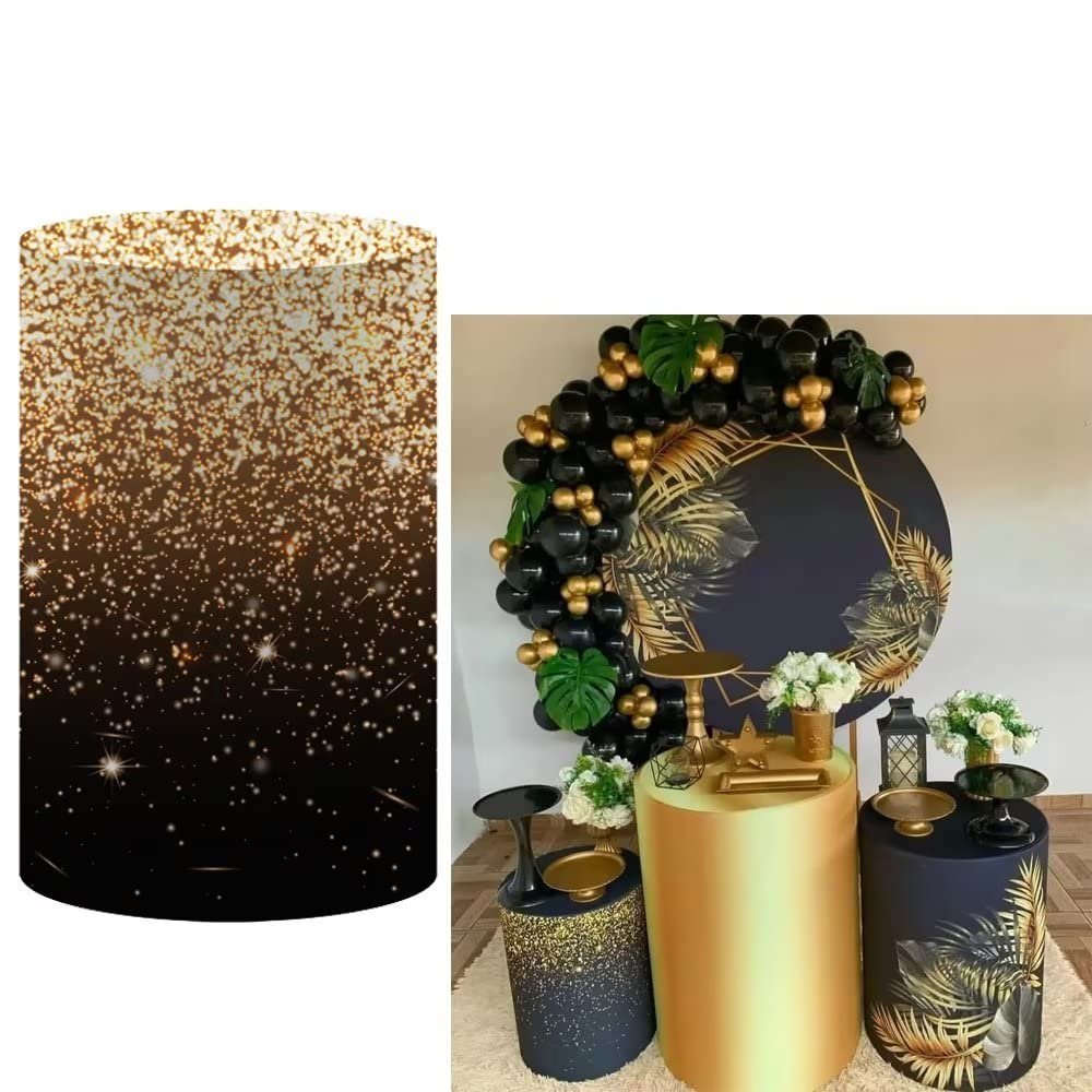 AOSTO Party Props Cylinder Fabric Cover Birthday Wedding Bridal Shower Golden Black Leaves Frame Design Soft and Washable Thickened Elastic Cloth