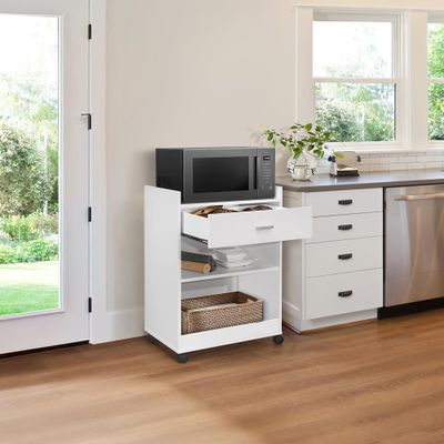 Kings Brand Furniture Dellow Microwave Cart with Storage Shelves and Drawer - 2 Shelf Veneers & Wood Kitchen Cart with Storage - Lockable & Unlockable Microwave Wooden Cart with Wheels - White