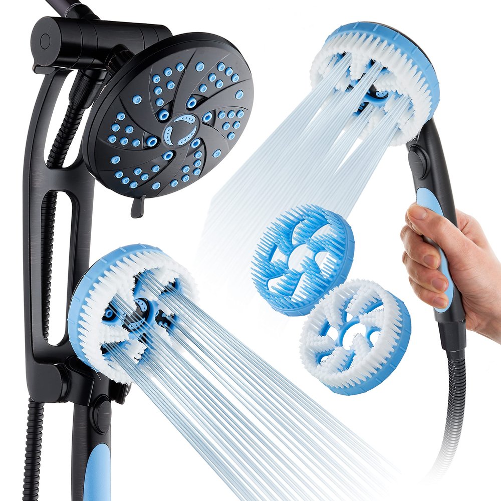 Hotel Spa High Pressure 6-in-1 Aquassage - 76-mode 3-way Combo, Showerhead, Hand Shower, Body, Hair Brush & Arm in One Two Brackets, Extra-long 6 foot Stainless Steel Hose, Brush Head Holder
