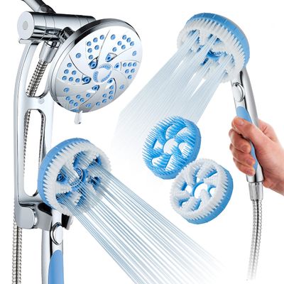 Hotel Spa High Pressure 6-in-1 Aquassage - 76-mode 3-way Combo, Showerhead, Hand Shower, Body Brush, Hair Brush & Arm in One Two Brackets, Extra-long 6 foot Stainless Steel Hose, Brush Head Holder