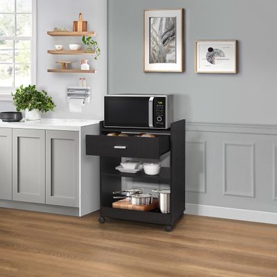 Kings Brand Furniture Dellow Microwave Cart with Storage Shelves and Drawer - 2 Shelf Veneers & Wood Kitchen Cart with Storage - Lockable & Unlockable Microwave Wooden Cart with Wheels - Black