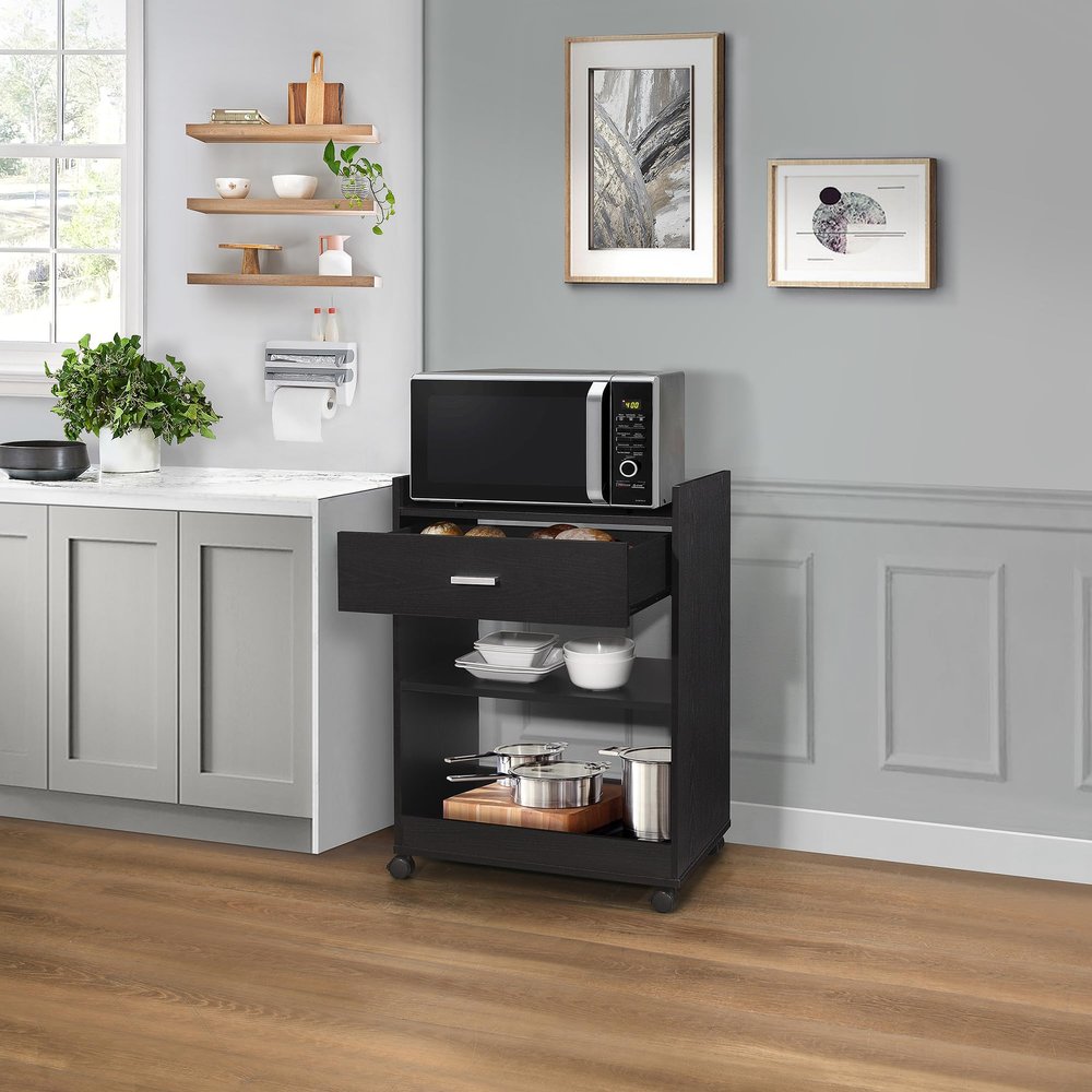 Kings Brand Furniture Dellow Microwave Cart with Storage Shelves and Drawer - 2 Shelf Veneers & Wood Kitchen Cart with Storage - Lockable & Unlockable Microwave Wooden Cart with Wheels - Black