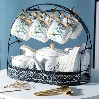 23 Piece European Ceramic Tea Sets Service for 6, Porcelain Coffee Set with Metal Holder Sugar Bowl Cream Pitcher, Espresso Cup Sets Gift for Adults Women Tea Party Sets,White