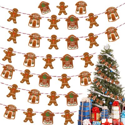 4 Pieces Mini Gingerbread Man Christmas Garland Hanging Gingerbread House Man Cookie Garland Wooden Gingerbread Garland for Christmas Tree Home Holiday Xmas Party Wall Decoration, 26 ft