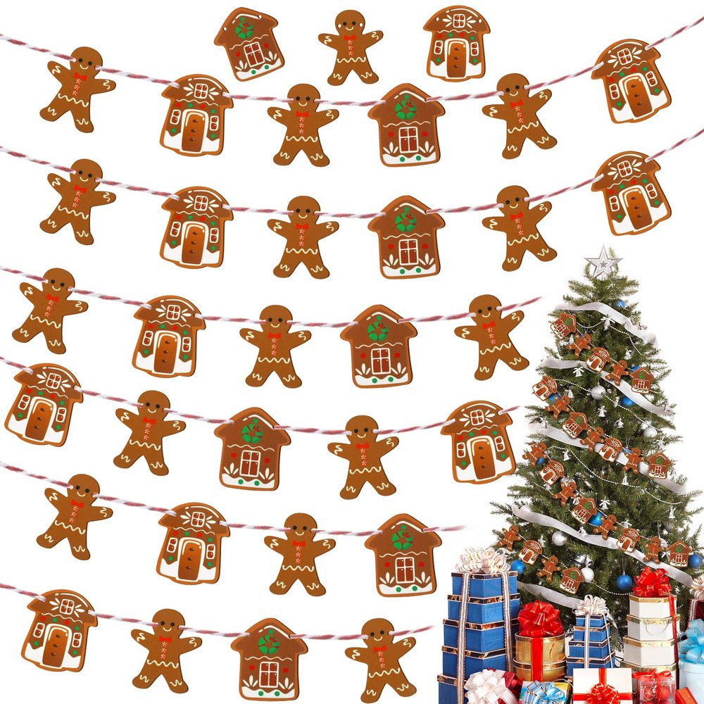 4 Pieces Mini Gingerbread Man Christmas Garland Hanging Gingerbread House Man Cookie Garland Wooden Gingerbread Garland for Christmas Tree Home Holiday Xmas Party Wall Decoration, 26 ft