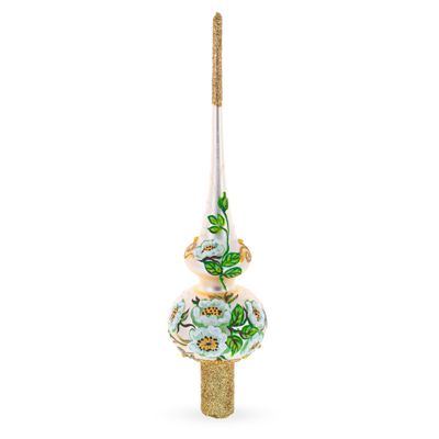 White Flowers Bouquet on Beige Glass Christmas Tree Topper 11 Inches