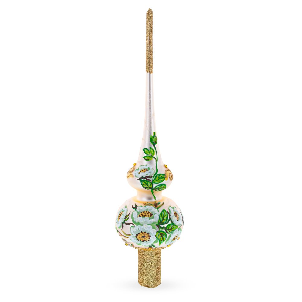 White Flowers Bouquet on Beige Glass Christmas Tree Topper 11 Inches